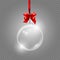 Christmas toy. Glass globe with red silk ribbon. Realistic vector glass ball isolated on transparent background