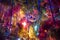 Christmas toys on christmas tree with luminous festoon closeup. New Year`s holiday background.