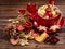 Christmas toys and sweet cookies on wooden table. Top view and selective focus. Happy New Year concept