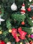 Christmas traditional pine tree decorations with balls and toys, New Year celebration preparation.