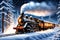 Christmas Train Gliding Through a Snow-Laden Forest: Steam Locomotive Pushing Through Pristine Winter Beauty