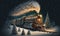 Christmas train in the snow forest. Locomotive rides among the snowy trees. Generative AI