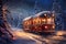 a Christmas tram with gifts goes through a snow-covered forest, winter season, decorated for Christmas or New Year, night and