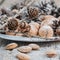Christmas Tray with Pine cones, Walnuts, Almonds