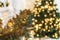 Christmas tree background and Christmas decorations, blurred, sparking, glowing.