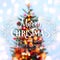 Christmas tree background and Christmas decorations with blurred, sparking, glowing and text Merry Christmas and Happy New Year.