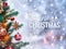 Christmas tree background and Christmas decorations with blurred, sparking, glowing and text Merry Christmas and Happy New Year.