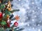 Christmas tree background and Christmas decorations with snow, blurred, sparking, glowing. Happy New Year and Xmas