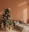 Christmas tree by the bed. Holidays, present, childhood, happiness concept