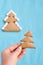Christmas tree biscuits. White marshmallow. Blue background
