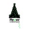 Christmas tree with black cat. ``Meowy Christmas`` text with paw prints. Happy new year greeting card