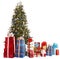 Christmas tree blue, group gift box, copy space.