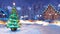 Christmas tree on blurred alpine village background