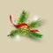 Christmas tree branch with golden confetti and red streamer
