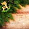 Christmas Tree Branch on wooden background with wood deer and co