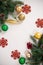 Christmas tree branches with cones , balls and snowflakes on a white background. Merry Christmas and happy New year composition