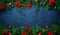 Christmas Tree Branches and Decoration on Top and Bottom. Banner Dark Blue Background Copy Space