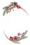 Christmas tree branches with decorations isolated on a white background, top view. Merry Christmas and Happy New Year Card