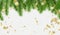 Christmas tree branches and Golden confetti on a transparent background. Template for holiday design.Vector illustration