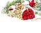 Christmas tree branches red bauble golden decoration snow ornamets