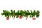 Christmas tree branches with red baubles, golden stars, snowflakes isolated on white - horizontal border
