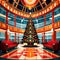 Christmas tree in building lobby, corporate business christmas in luxury retro art deco style