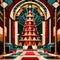 Christmas tree in building lobby, corporate business christmas in luxury retro art deco style