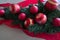 Christmas tree bulbs with red ribbon