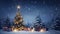 Christmas tree with candles and gifts in the snow. Christmas background