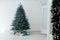 Christmas tree Christmas decoration interior of the white room with postcard gifts
