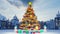 Christmas tree with colorful colorful balls. Snowmen and Christmas and new year decorations and gifts. A small town in