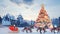 Christmas tree with colorful glowing colorful balls. Santa Claus on a Christmas sleigh with reindeer. Snowmen and