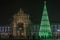 Christmas tree on Commerce square at night in Lisbon, Portugal