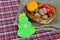 Christmas tree crafts. Christmas food. Fruits and walnuts. Kids craft