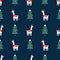 Christmas tree and cute lama with xmas hat seamless pattern on dark blue background.