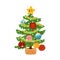 Christmas tree with cute toys. Cartoon vector illustration