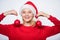 Christmas tree decor ideas. It is time to decorate christmas tree. Decoration pleasant routine. Woman santa hat hold two