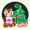 Christmas tree decorated with balls and ribbons. Year of Blue Tiger. Gift in hands of baby. Children`s photo frame. Cute baby