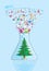 Christmas tree decorated with burning candles inside a flask ejecting colorful stars with Merry Christmas message