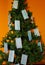 Christmas tree decorated with covid19 face masks on an orange background. Symbolic for a different christmas