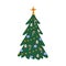 Christmas tree decorated with festive baubles, holiday garland, star topper. Xmas fir with winter decoration, ornaments