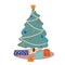 Christmas tree decorated with festive decorations and garland. Gifts under fir tree