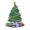 Christmas tree decorated with festive decorations and garland. Gifts under fir tree