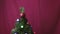 The Christmas tree is decorated with a flashing garland and a red shiny ball.