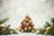 Christmas tree decorated with golden and red ornament balls green ir tree branches snow. Banner template