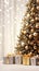 Christmas tree decorated with golden and silver ornament balls and garland. Wrapped gift boxes. Cozy homely festive atmosphere.