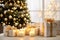 Christmas tree decorated with golden and silver ornament balls and garland. Wrapped gift boxes. Cozy homely festive atmosphere.