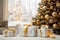 Christmas tree decorated with golden and silver ornament balls and garland. Wrapped gift boxes. Cozy homely festive atmosphere.