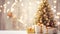 Christmas tree decorated with golden and silver ornament balls and garland. Wrapped gift boxes. Cozy homely festive atmosphere.