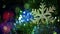 A christmas tree decorated with golden snowflake and shining lights against burning fireplace